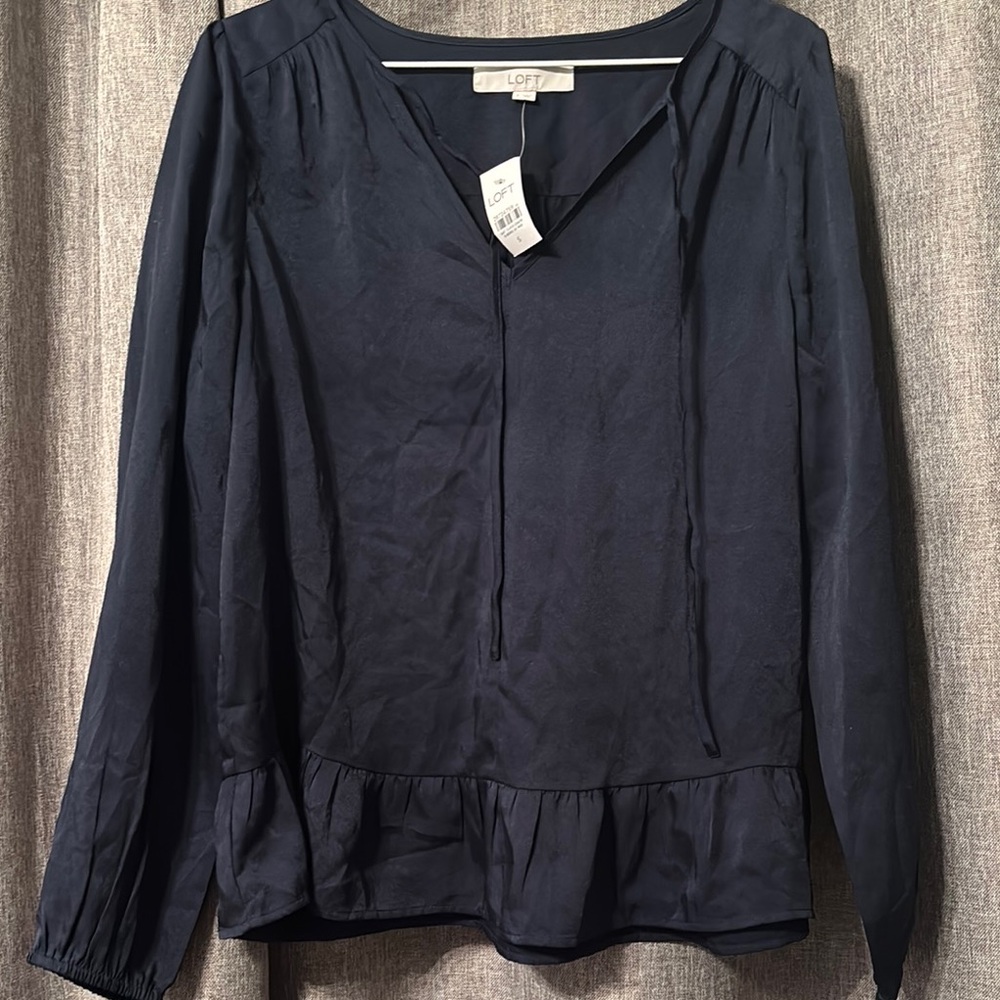 LOFT Blue Peplum Blouse with Puff Sleeves